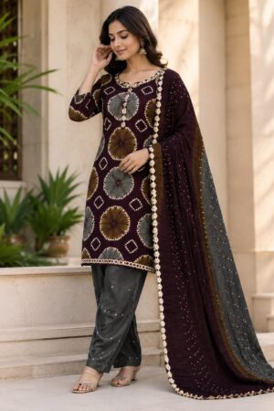 premium 3d shibori cotton satin unstitched suit set – midnight maroon