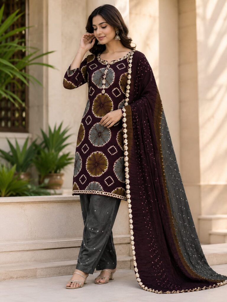premium 3d shibori cotton satin unstitched suit set – midnight maroon