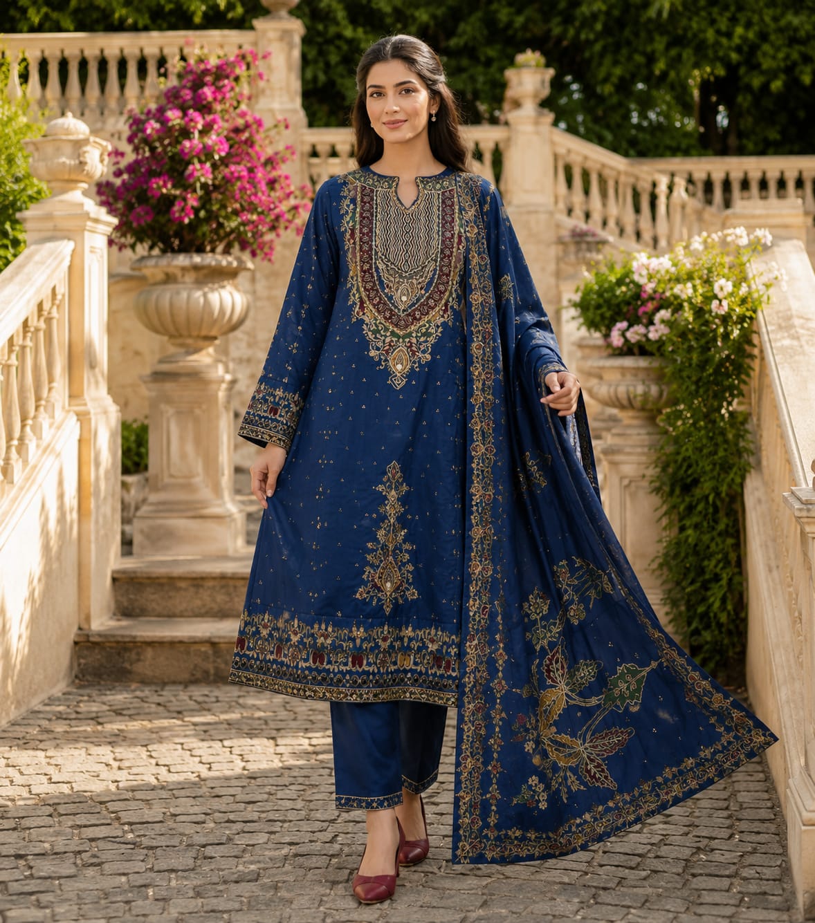royal blue & ivory printed cotton 3 piece suit with printed dupatta royal blue & ivory printed cotton 3 piece suit with printed dupatta