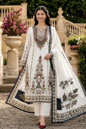royal blue & ivory printed cotton 3 piece suit with printed dupatta