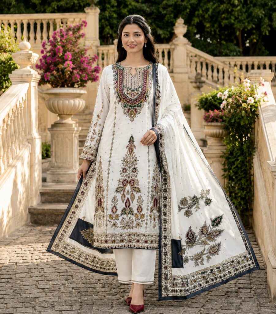 royal blue & ivory printed cotton 3 piece suit with printed dupatta