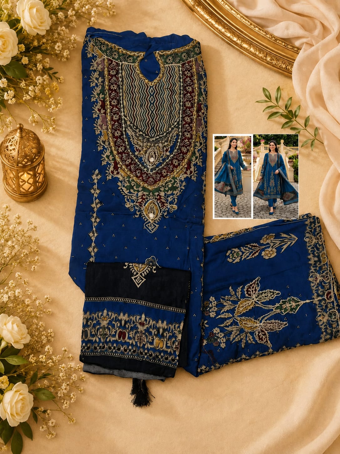 royal blue & ivory printed cotton 3 piece suit with printed dupatta royal blue & ivory printed cotton 3 piece suit with printed dupatta