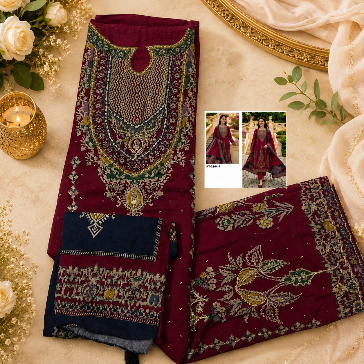 royal blue & ivory printed cotton 3 piece suit with printed dupatta royal blue & ivory printed cotton 3 piece suit with printed dupatta